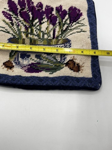 Vintage Pillow Cover Handmade Needlepoint Crocus Flowers Blue Velvet Back 10”x9” - Picture 5 of 6