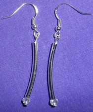 SILVER CURVED TUBE w/CRYSTALS EARRINGS - Plated Tubes w/Sterl. Silver Ear Wires