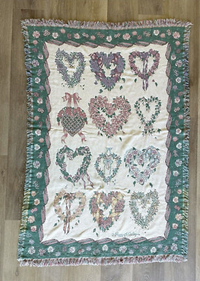 Goodwin Weavers Hearts Tapestry Throw Blanket Fringe Floral Pastel Peggy Ackley