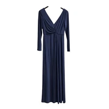 DB Studio Dress Womens 10 Blue Jersey Knit Gown Maxi Deep Gathered V Neck Event