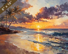 Maui with sunset over ocean oil painting 8x10 Print