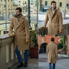Camel Men's Overcoat Wide Collar Double Breasted Outdoor Wool Warm Long Jacket
