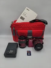 NIKON 1 J3 Digital Camera Kit Burgundy 2-Lenses SD Case Tested and Working