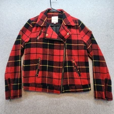 Thread & Supply Jacket Womens Medium Red Black Plaid Moto Asym Zip Pockets
