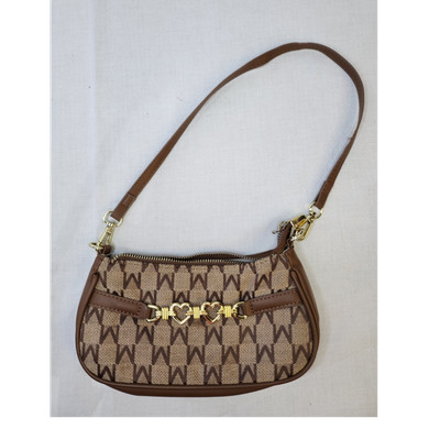 Brown Logo Pattern Shoulder Bag Gold Heart Accent Gold Hardware Designer