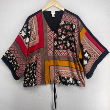 CHICOS Jacket 2 L Top Bohemian Patchwork Zipper Front 3/4 Sleeve Kimono Black