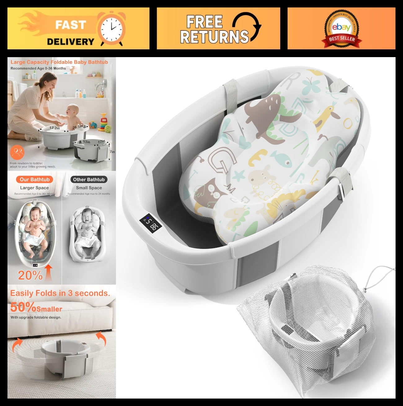 Collapsible Baby Bathtub with Thermometer & Cushion - Portable Infant Bath Tub f