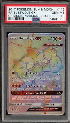 Pokemon Buzzwole Gx Crimson Invasion 115/111 Secret Rare PSA 10 Gem Mint