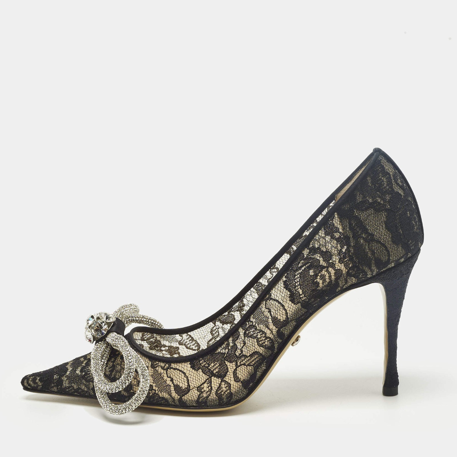 Mach Mach Double Bow Size 38 Black Lace and Mesh Pumps