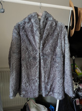 Women’s Grey Faux Fur Short Jacket Size M Collared Open Front Long Sleeve