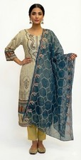 NEW Womens Shalwar Kameez Suit Large. Beige Blue 3 Pc.Heavy Embroidery Pakistani