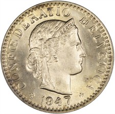 Switzerland 1947 20 Rappen LIGHTLY TONED BU