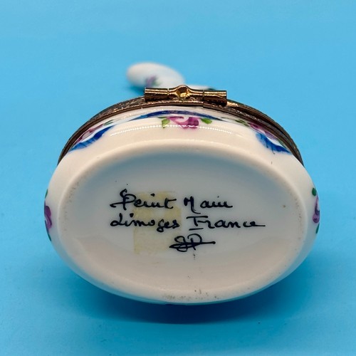 Limoges France Peint Main bianco coniglietto coniglietto orecchie lunghe coniglietto con fiori portagioie - Foto 7 di 9