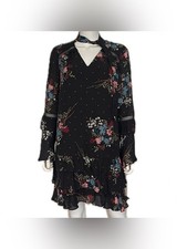 Parker black silk floral dress small ruffles neck tie long sleeve short cocktail