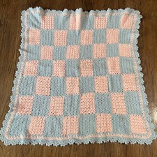 Vintage Crocheted Pink Blue Baby Blanket Scalloped Edges Very Nice Condition