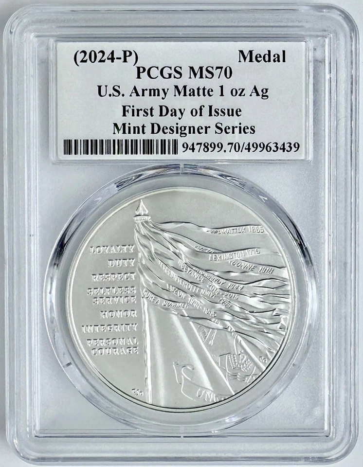 (2024-P) U.S. Army 1 Oz Silver Medal PCGS MS 70 FDOI Emily Damstra Signed Mint - Image 2 of 2