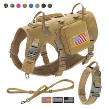 Strong Tactical Dog Collar  Harness  Leash 2 Detachable Pouches 3 Flags set