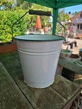 Vintage White Enamel Bucket / Pail Watertight Plant Holder Wooden Handle