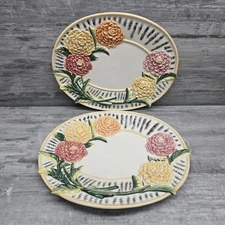 Fritz and Floyd Floral Plate Wall Hanging Oval Zinnia Flowers Lot (2)