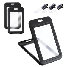 3 Pack ID Badge Holder with Plastic Clip, Double-Sided Clear Vertical Black 