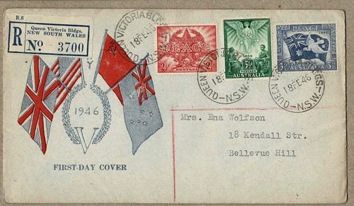 Australia 1946  Kugel Flags Peace FDC Cover Registered Queen Victoria Bldgs NSW