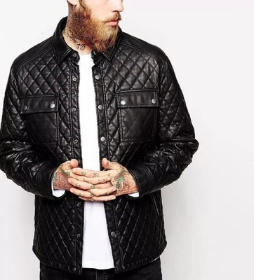 New Men's Black Quilted Leather Shirt| Real Sheepskin Leather Bomber Shirt XL.