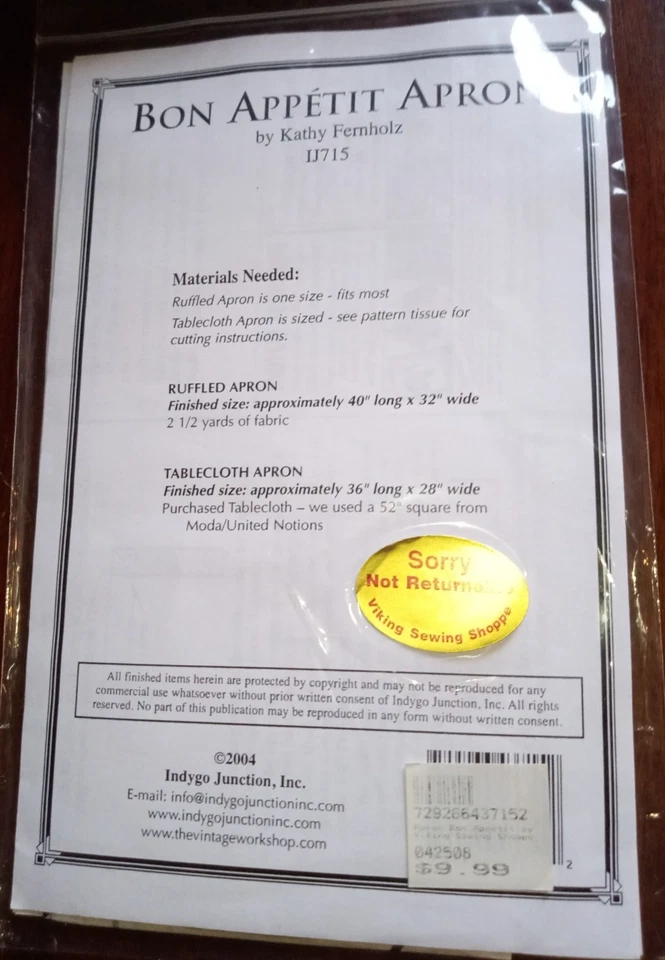 Bon Appetit Apron Sewing Pattern by Indygo Junction IJ715 NEW - Image 4 of 4