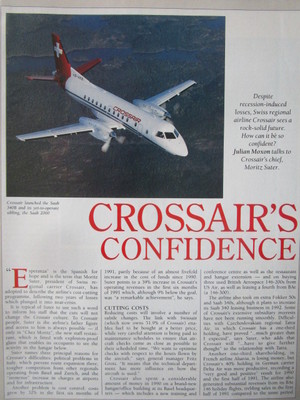 1/1992 ARTIKEL 2 SEITEN CROSSAIR SWISS REGIONAL AIRLINE SAAB 2000 SAAB 340 FOKKER