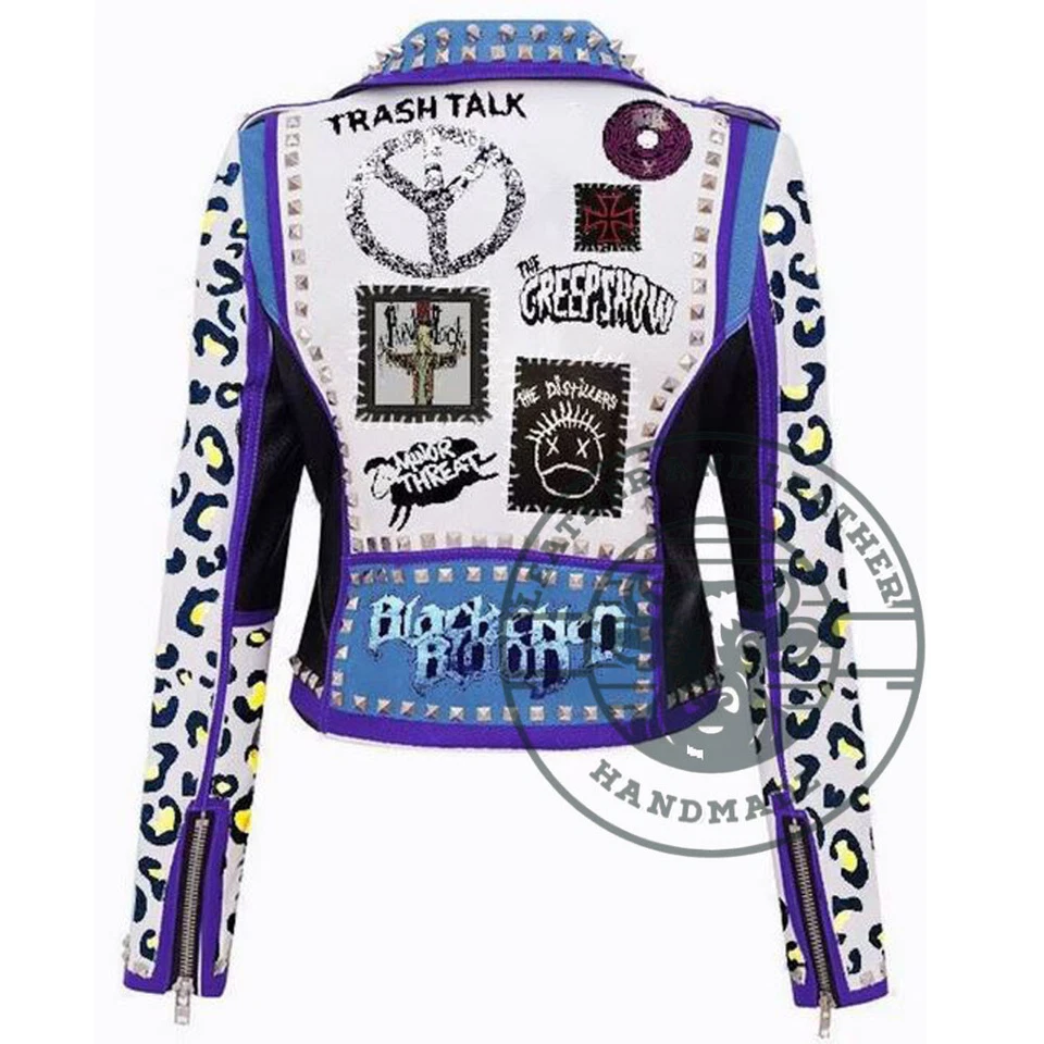 Chaqueta de retazos con estampado de guepardo multicolor para mujer, chaqueta de cuero de vaca con tachuelas Foto 2 de 4
