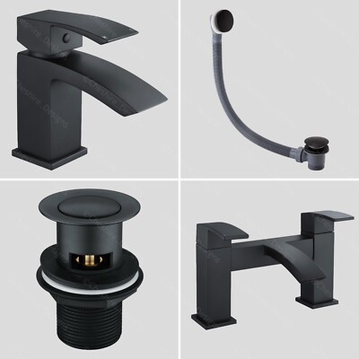 Schwarze Bad & Waschtischarmatur Mono Mischbatterie Wasserfall eckig modern Wasserhahn + Stecker & Ablauf