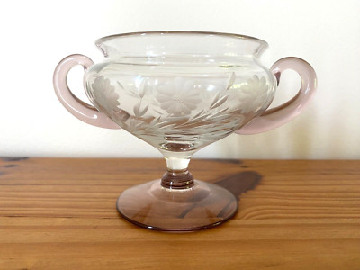 Vintage 1937 Glass Floral Candy Dish with Two Handles Wedding Gift 3.5'' Height