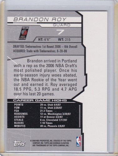 2008 Topps Elevation Basketball Card #7 Brandon Roy Trailblazers 66/99 - NrMt-Mt - Picture 2 of 2