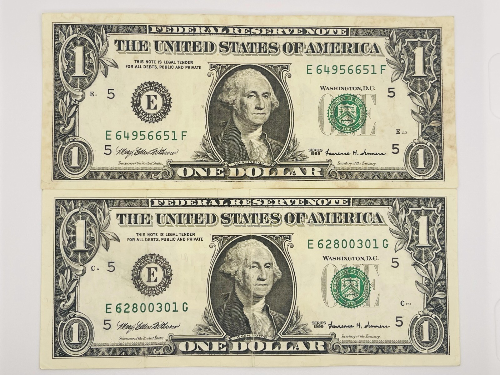 1999 Vintage Old Series 1 Dollar Bill 24 Years Old 2x Lot Federal 1999-vintage-old-series-1-dollar-bill-24-years-old-2x-lot-federal