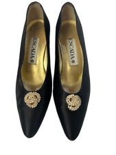 Escada Vintage Pumps Shoes Heels Black Satin Jeweled Detail Size 7.5 B