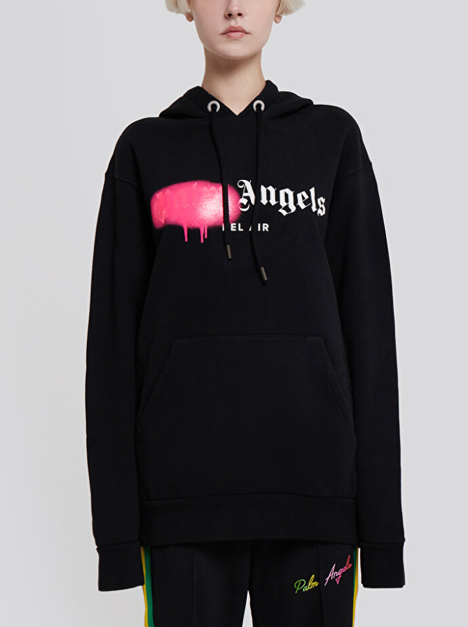 Palm Angels Unisex Pink Bel-Air Sprayed Logo Hoodie in Black sz M 