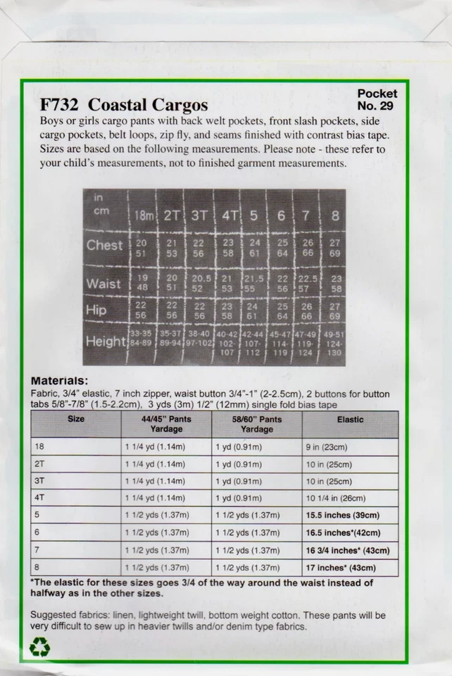 NEW UNCUT Blank Slate Sewing Pattern F732, Coastal Cargos, Sizes 18 months - 8 - Image 2 of 2