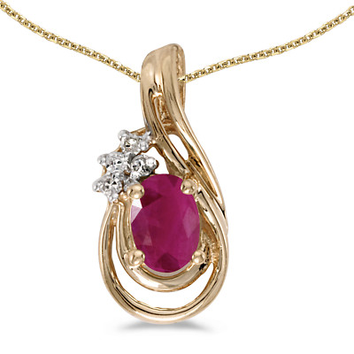 10k Gelbgold ovaler Rubin und Diamant Träne Anhänger mit 16'' Kette