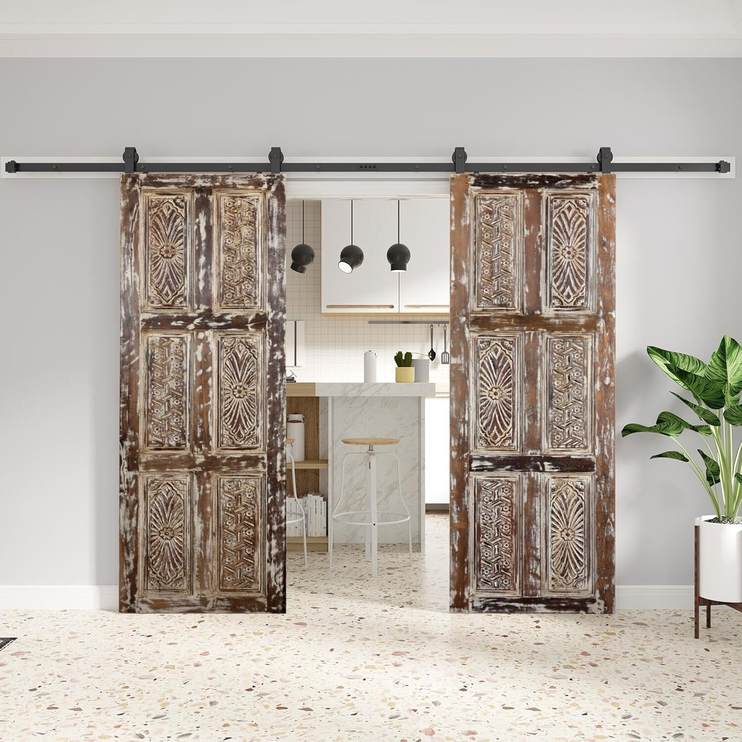 Vintage Carved Wood Double Doors Farmhouse Sliding Barn Doors 96