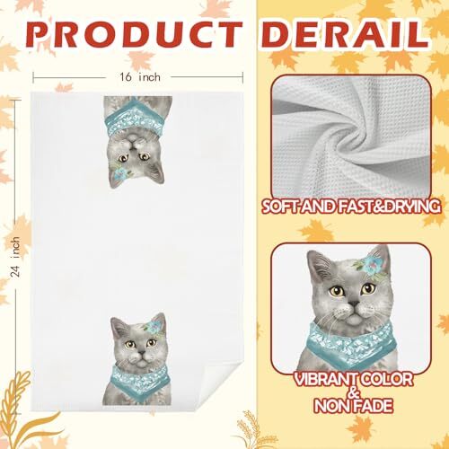 Grey Cat Kitchen Towels Teal Bandana Grey Cat Dish Towels for Kitchen Cat Han... - Picture 6 of 6