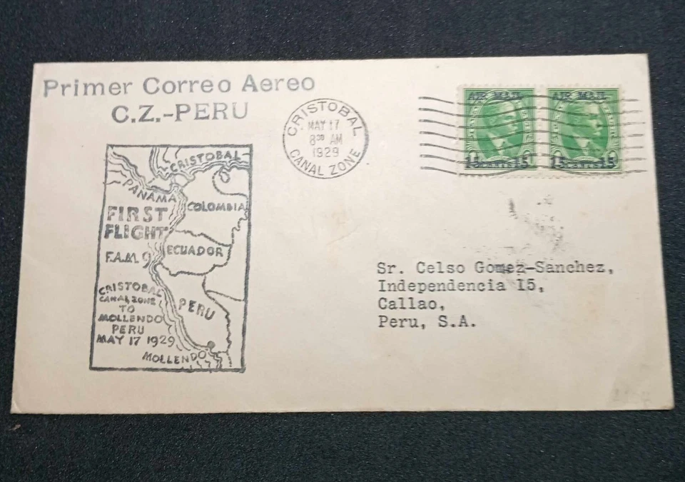 Canal Zone Mollendo Peru 1929 First Flight With Stamps - Image 2 of 3