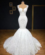 Sheer Crew Neck Lace Mermaid Wedding Dresses Tulle Lace Applique Sweep Train