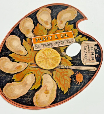 1880s Platt & Co Baltimore Oysters Trade Card Die Cut Artist Palette Denver CO