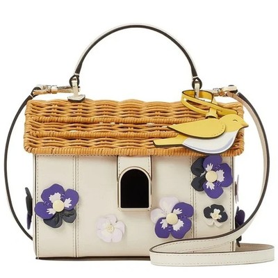 レア　kate spade バードハウス かご バッグ 鳥かご KATE SPADE LEATHER & WICKER WILD PETAL BIRD HOUSE CROSSBODY BAG