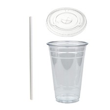 Disposable 20 oz Plastic Crystal Clear Cups with Flat Lids and Paper Straws -...