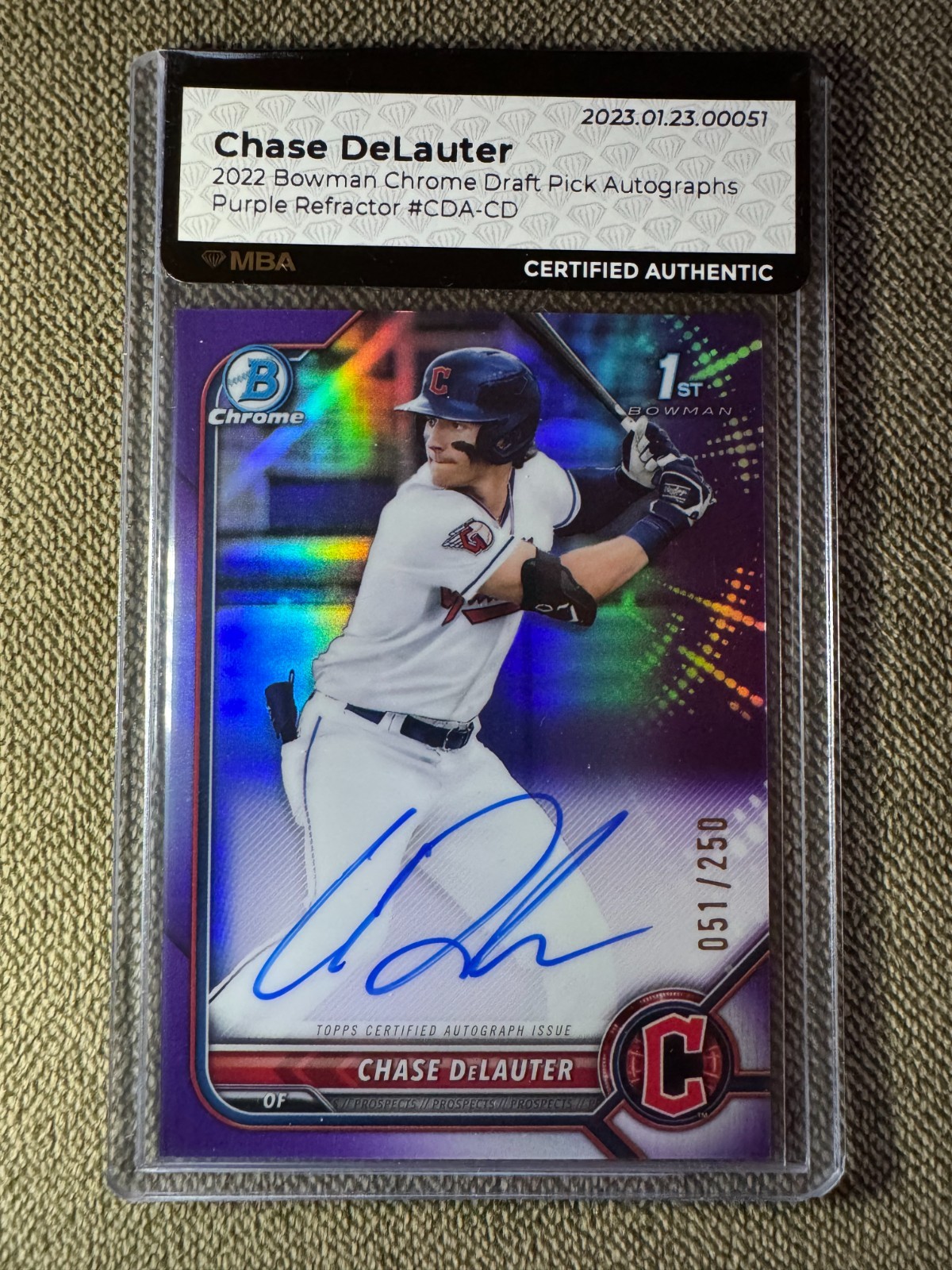 2022 Bowman Chrome Draft Chase DeLauter Purple /250 Auto #CDA-CD