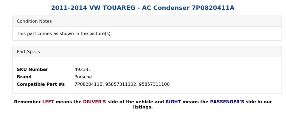 2011-2014 VW TOUAREG - AC Condenser 7P0820411A - Image 3 of 4