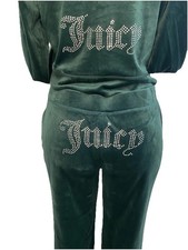 New JUICY COUTURE Green Velour Set Rhinestone Tracksuit Hoodie Flare Pant Medium