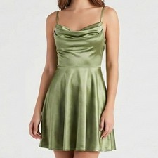 Windsor Silky Chic Satin Skater Cowl Neck Dress, Sage Green, M