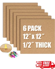 Cork Board Bulletin Board 12x12 1/2" Thick 6-Pack Self-Adhesive Tiles