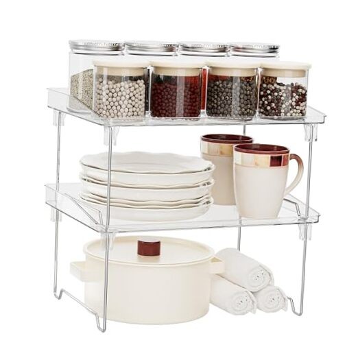 2 Pcs Cabinet Organizer Shelf，Stackable Kitchen Counter Shelves, 2 pack clear